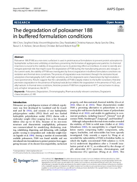 The degradation of poloxamer 188 in buffered formulation .